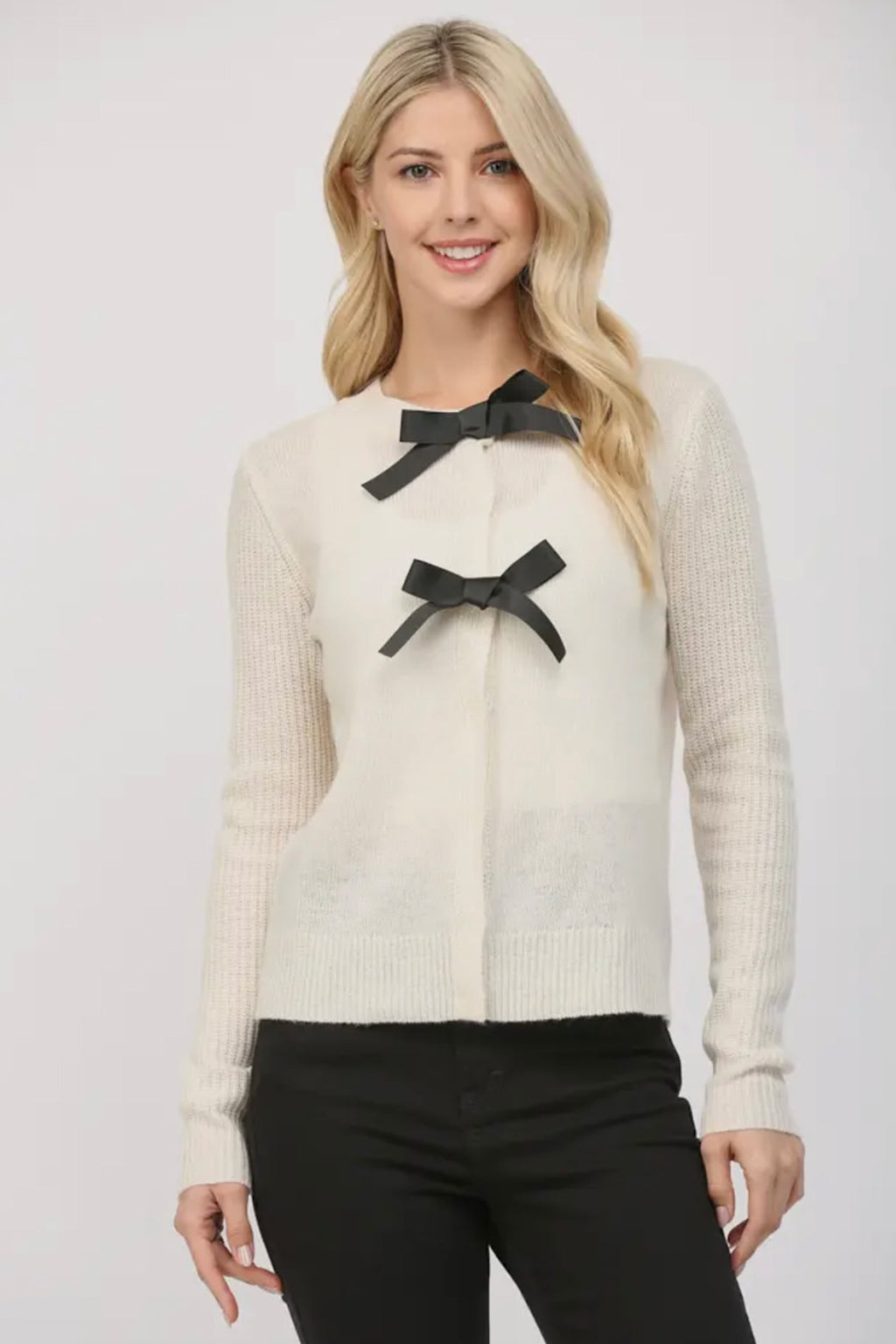 Bow Trimmed Round Neck Cardigan | RIDGEWOOD, NJ | MOONFLOWER BOUTIQUE