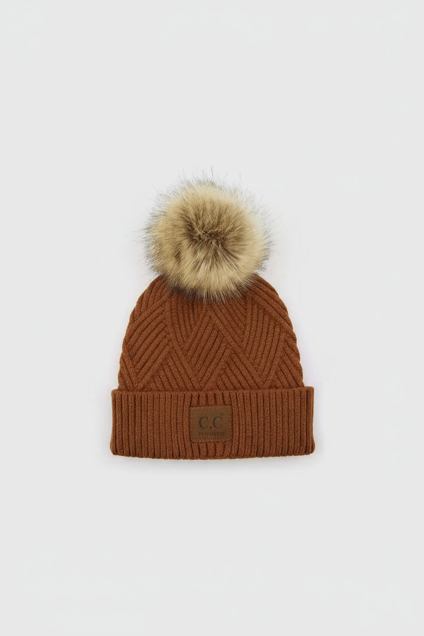 Faux Fur Pompom Knit Beanie - Rust | RIDGEWOOD, NJ | MOONFLOWER BOUTIQUE