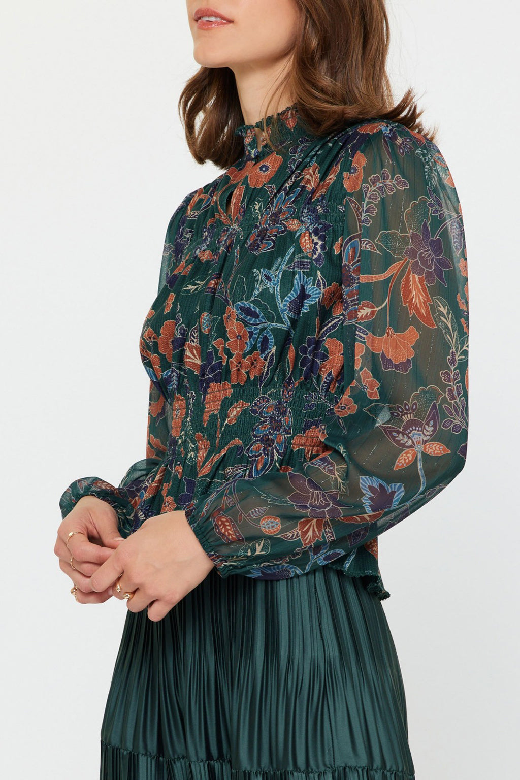 Floral Green Mock Neck Blouse | RIDGEWOOD, NJ | MOONFLOWER BOUTIQUE