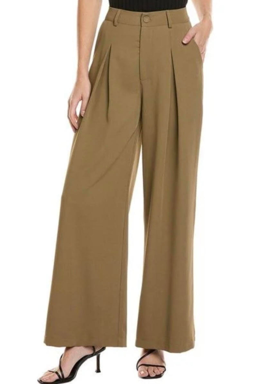 PLEATED WIDE LEGS OLIVE TROUSERS