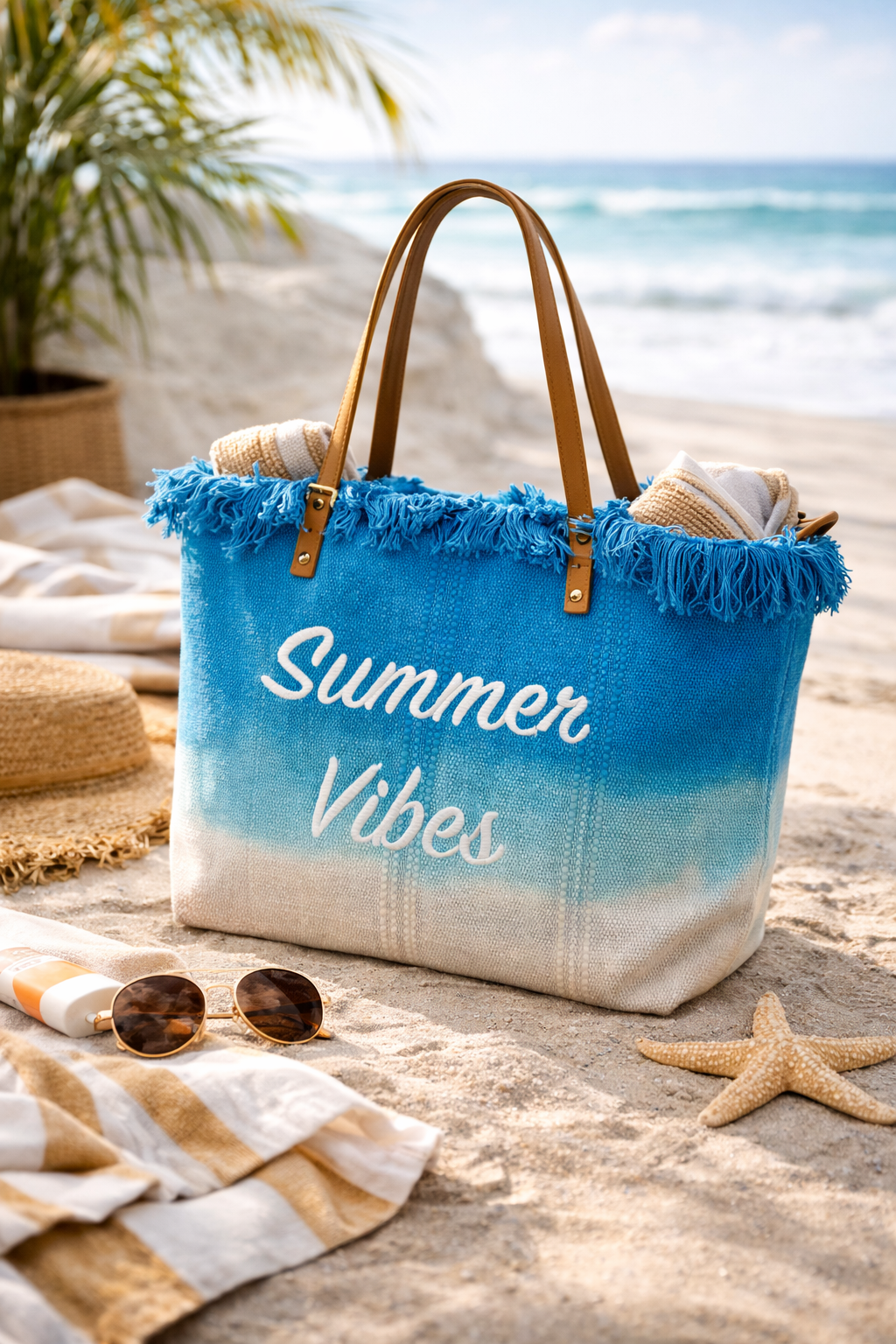 Summer Vibe Fringed Beach Tote - Blue | RIDGEWOOD, NJ | MOONFLOWER BOUTIQUE