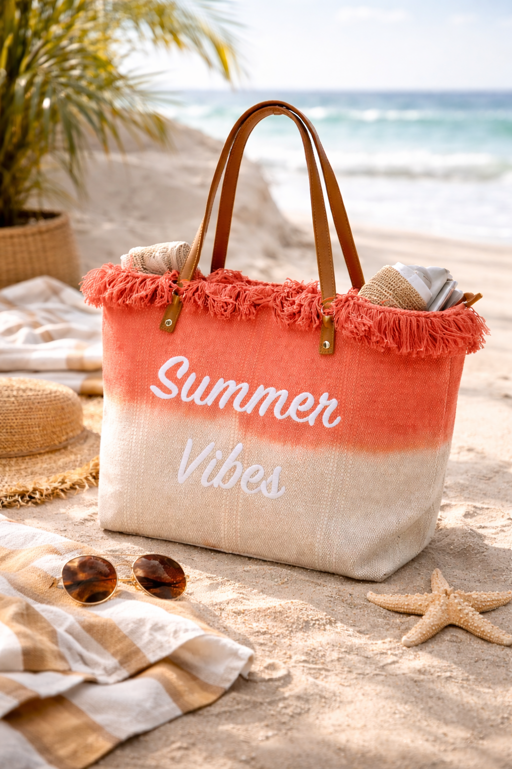 Summer Vibe Fringed Beach Tote - Coral | RIDGEWOOD, NJ | MOONFLOWER BOUTIQUE